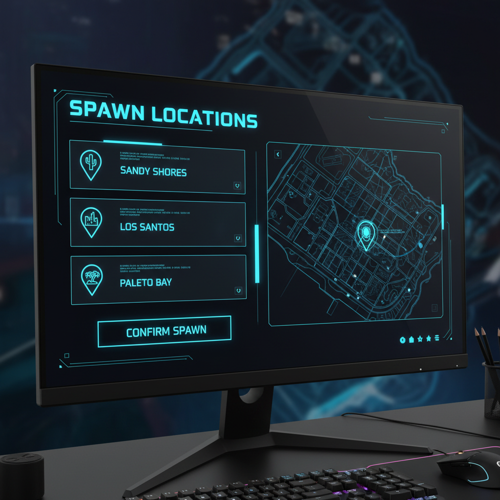 Custom spawn menu showing Sandy Shores, Los Santos, and Paleto Bay locations